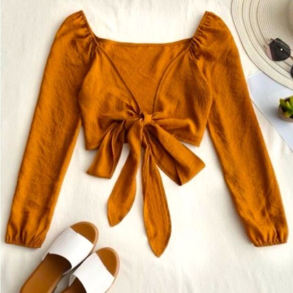 Zaful Women’s Orange Square Neckline Tie-Front Long Sleeve Cropped Top Medium - Picture 1 of 11